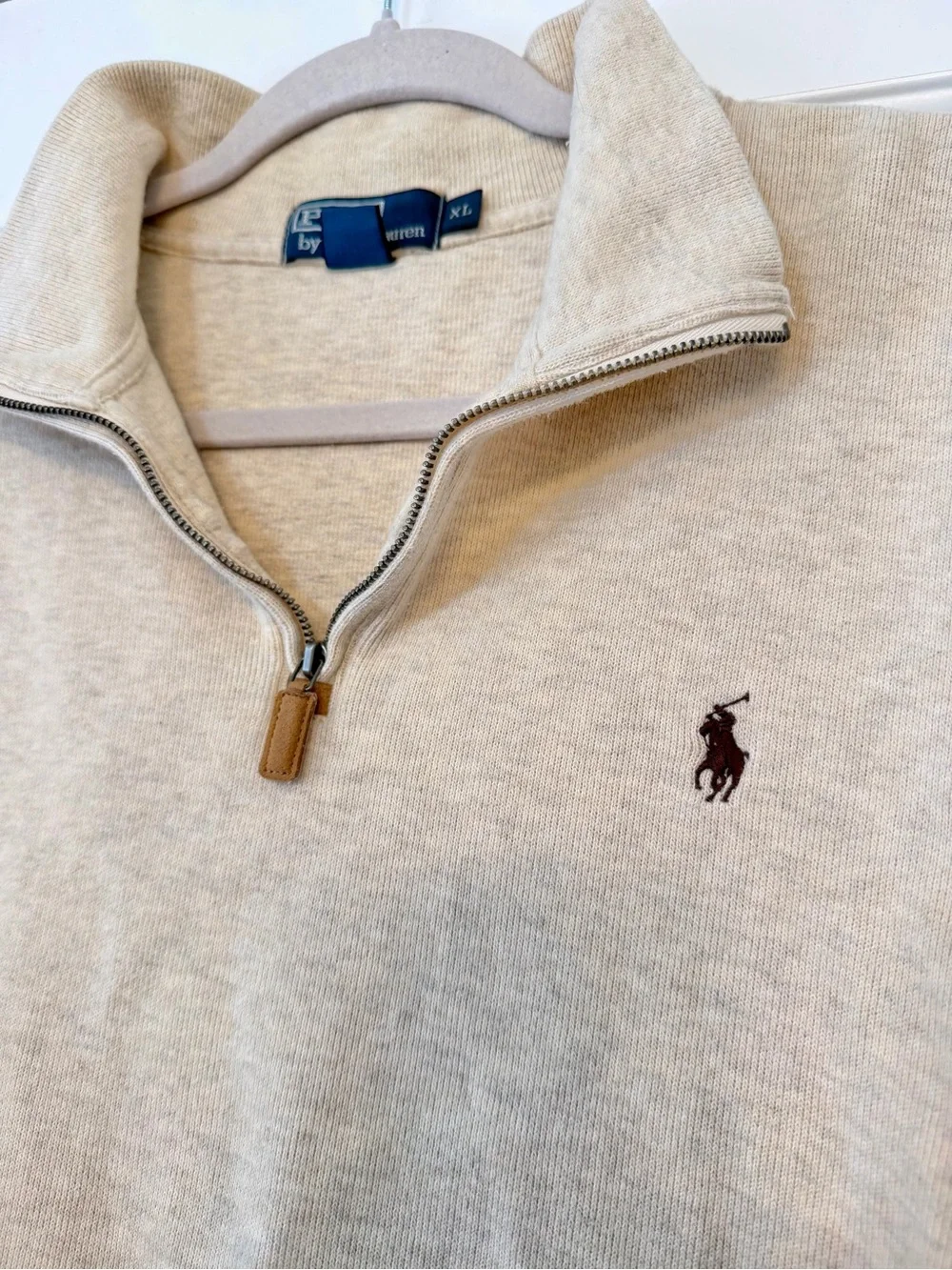 Polo Ralph Lauren 1/4 Zip Mens Oatmeal Beige Cotton Pullover Sweater Size XL